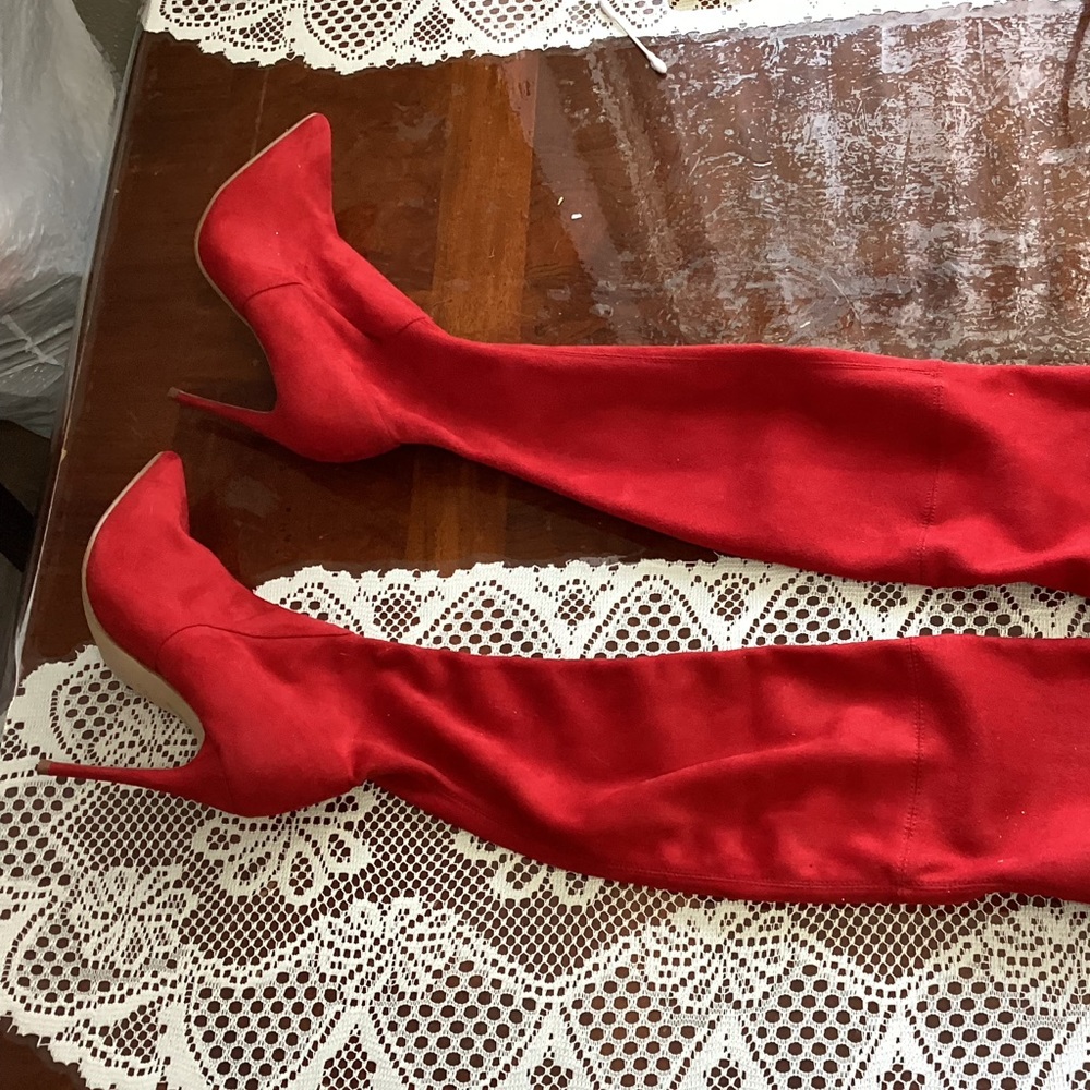 Red fabric thigh high heels